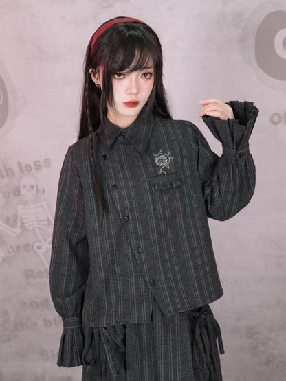 Blouse Stripe Vintage Embroidered Gothic Chinese Gray Placket Diagonal Flare Sleeve
