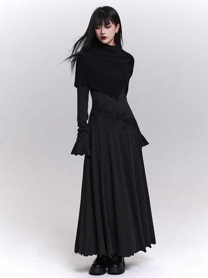 Black One-Shoulder Fleece Lining Maxi Dress with Bell Sleeves and Floral Lace Embroidery
