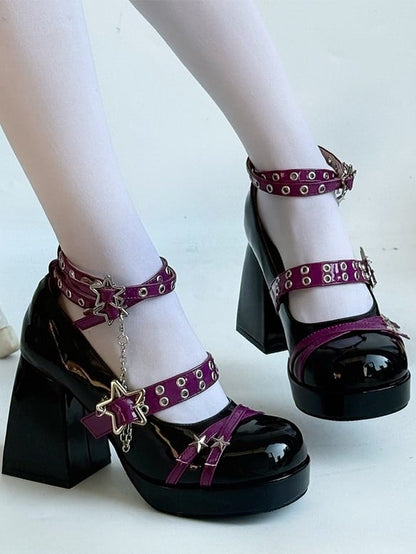 with Mary Star Detachable Charm Chain High Janes Punk Purple Black Heel Block Buckle -