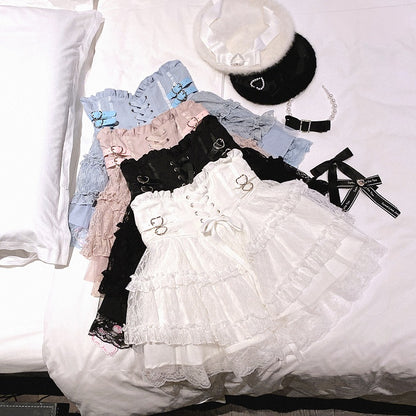 Jirai Kei Blue Heart Buckles Lace-up Detail Landmine Style High Waist Lace Tiered Skirt