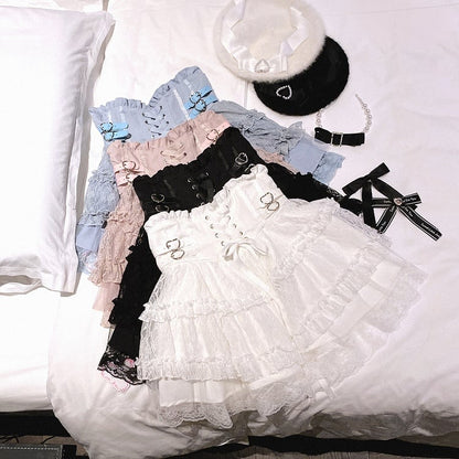 | Tiered Jirai 5 Lace-Up High Skirt Heart Colors Buckles Waist Kei Detail Lace