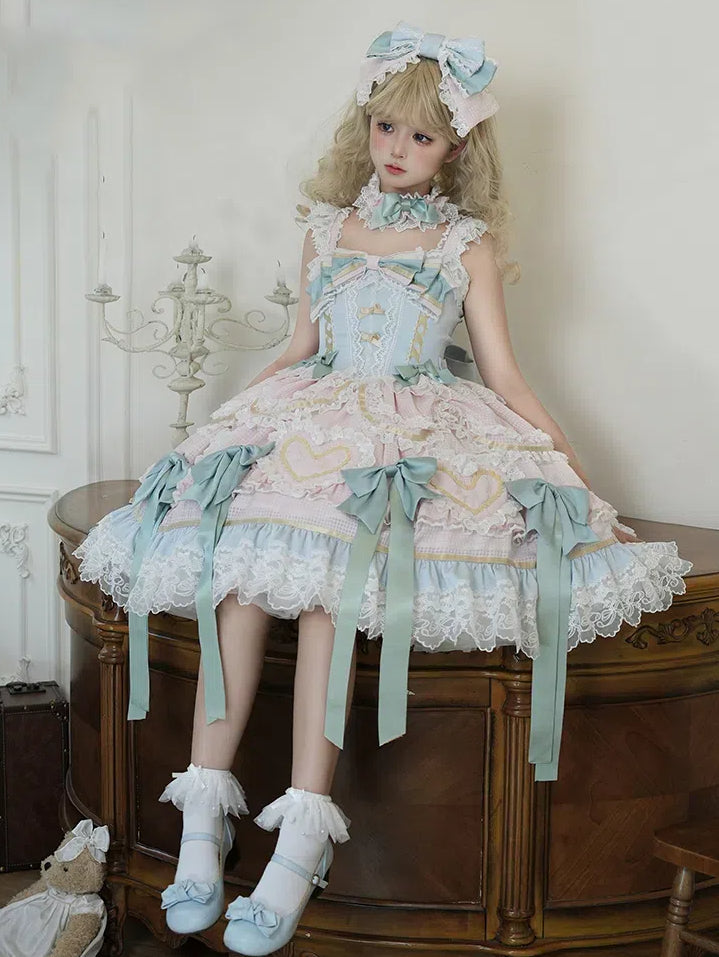 Mintgrünes Schleifen-Rosa und Blaues süßes Lolita-Korsettkleid mit Choker