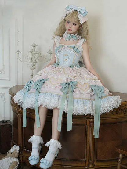 Mintgrünes Schleifen-Rosa und Blaues süßes Lolita-Korsettkleid mit Choker
