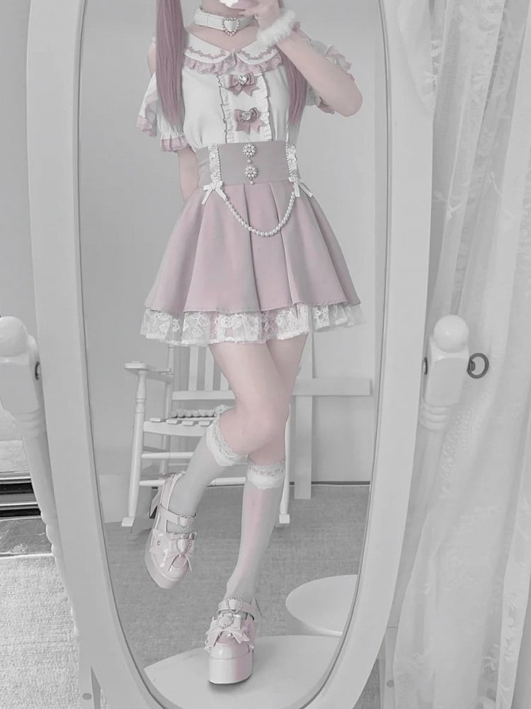 Chain Detachable Pink Skirt Round with Tiered Rhinestone Jirai and High Beaded Waist Kei Accents