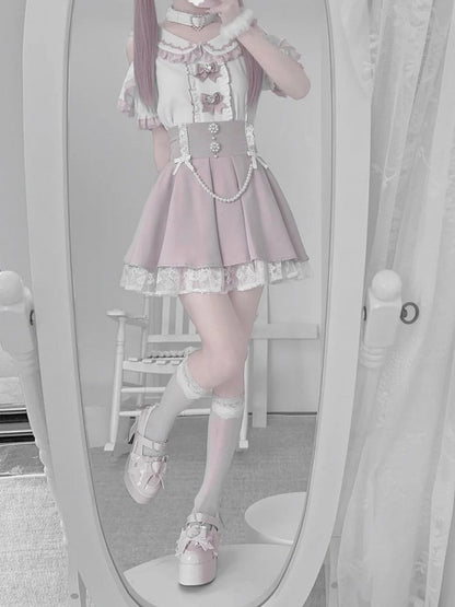 Chain Detachable Pink Skirt Round with Tiered Rhinestone Jirai and High Beaded Waist Kei Accents