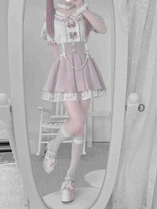 Chain Detachable Pink Skirt Round with Tiered Rhinestone Jirai and High Beaded Waist Kei Accents