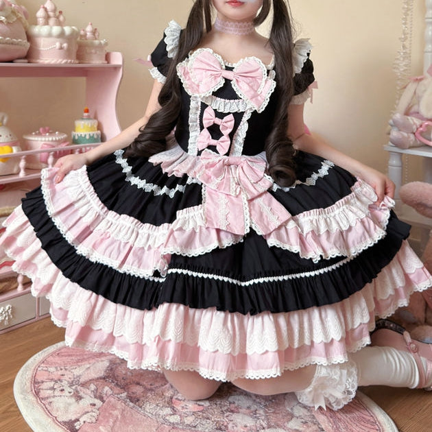 Stück und rosa Ärmel Lolita Schleife Ein Kleid süße kurze Akzente schwarz