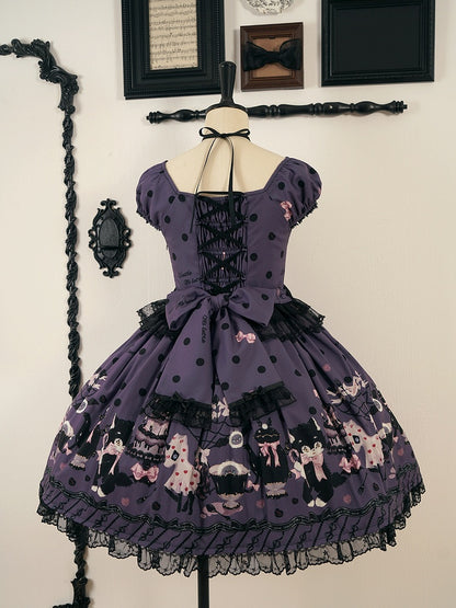 Black Purple Sweet with Print Polka Bow Lolita Cat Accents Dot Dress