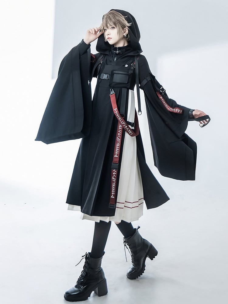 未来的なドレスバックルディテールのホワイトブラックテックウェアJSKプリーツ