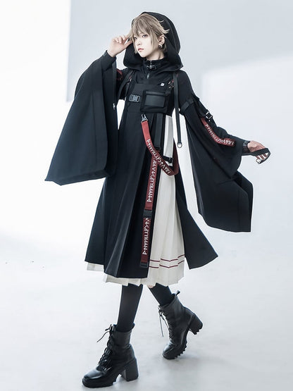 未来的なドレスバックルディテールのホワイトブラックテックウェアJSKプリーツ