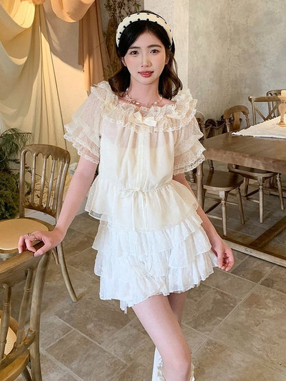 Off-Shoulder Short Sleeve Top in Light Yellow - Lan Jian Chuan