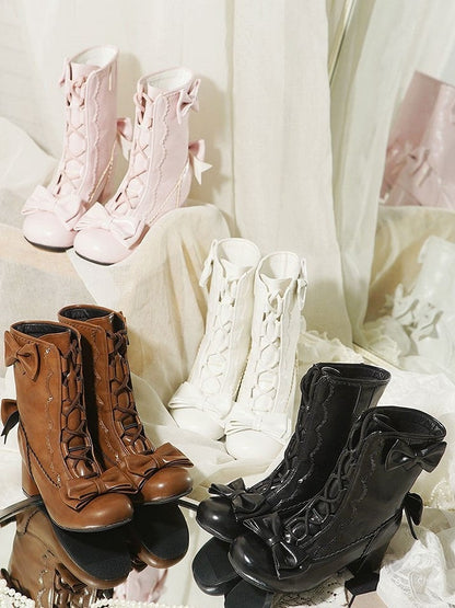 Decor Lolita with Boots Scalloped PU Edges Pink Sweet Bow