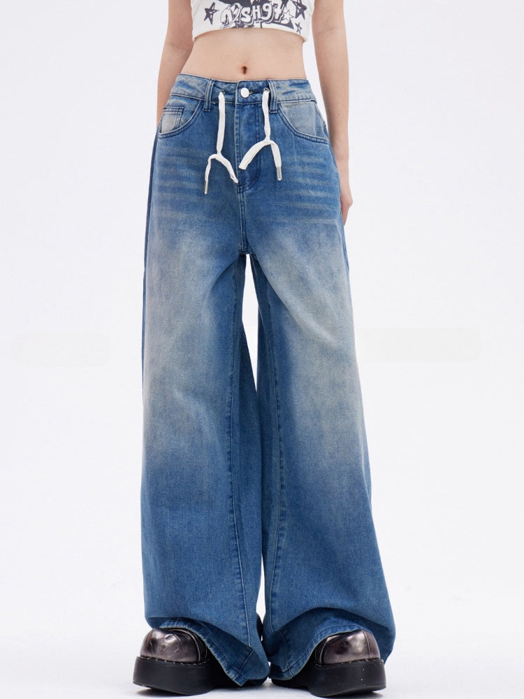 Niedrige Vintage Wide-Leg Jeans Länge Kordelzug Boden Blau Taille