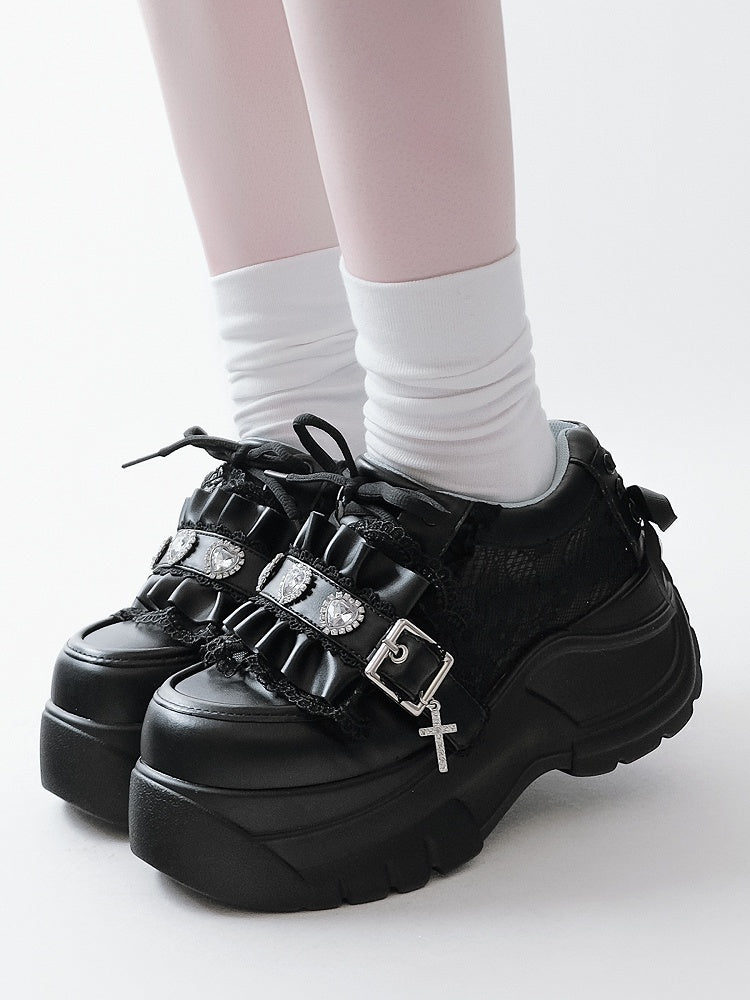 Rhinestone at Heart Ruffles Back Kei Closure Platforms Black Decor Trim Crystal Jirai - with Lace-up