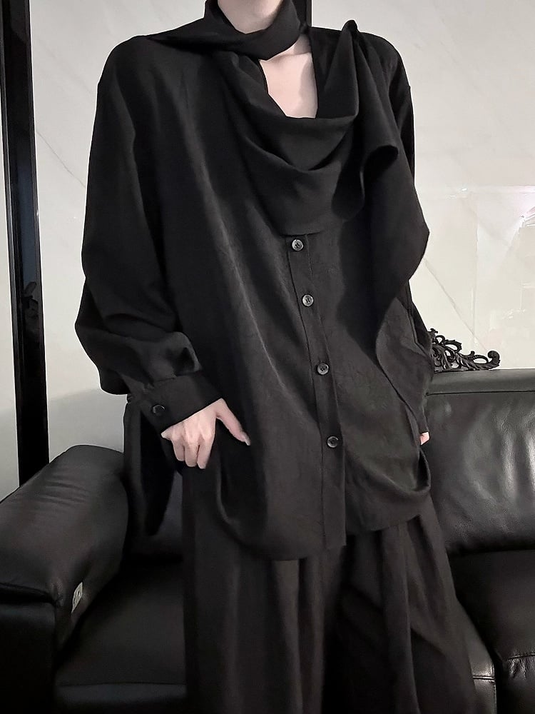 with Shirt Neckline Ouji Scarf Long Lolita Sleeve Black