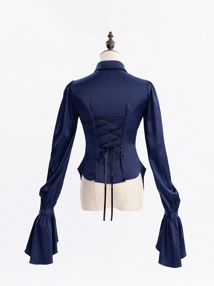 Royal Blue Pleated Bodice Shirt with Foldover Collar and Ruffle Cuffs - DevilInspired Exclusive Collection