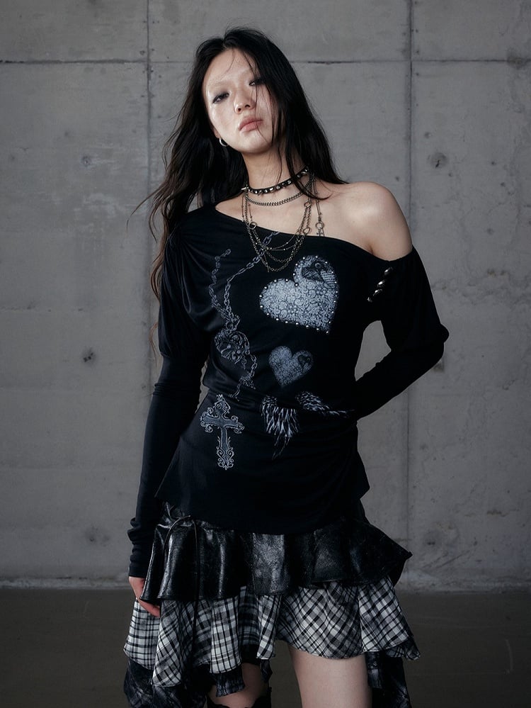 Grunge Aesthetic Neck Punk Black Side Stretch Button Details Asymmetrical Top with