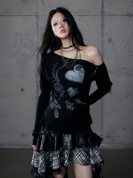 Grunge Aesthetic Neck Punk Black Side Stretch Button Details Asymmetrical Top with