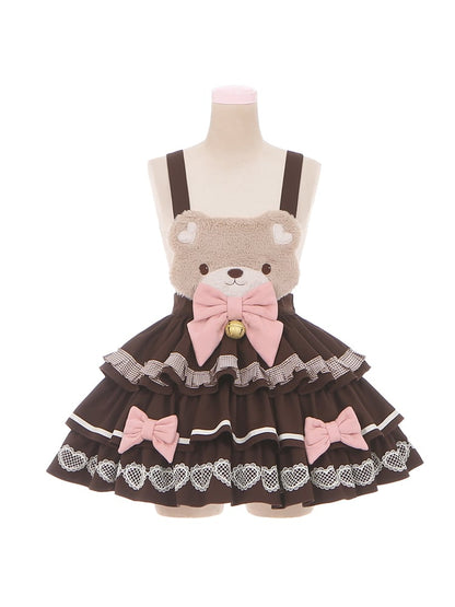 Patch Bear Overall Brown Sweet Skirt Tiered Detachable with