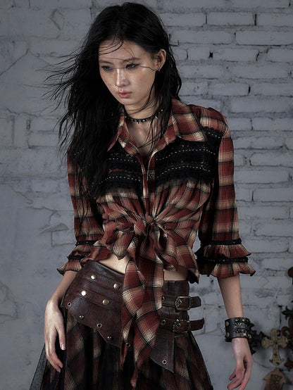 ウェイストランドシャツパターンパンクトリムチェック柄レースレッド