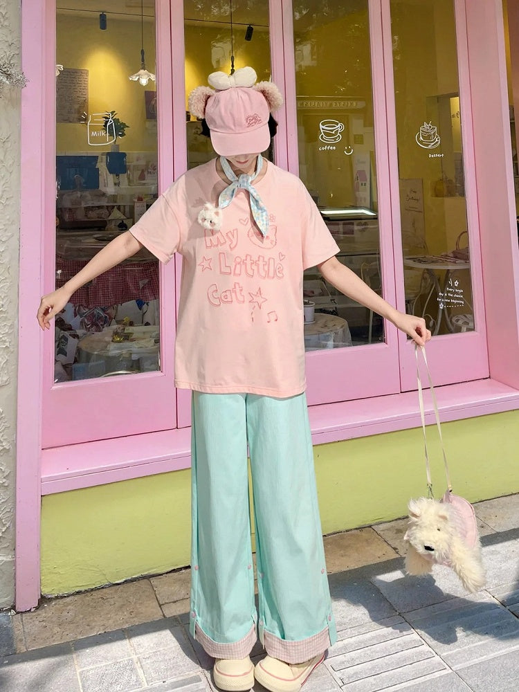 Blue Pink/Mint Plushie T-shirt with Round Neck Kitty Print Loose Kitty