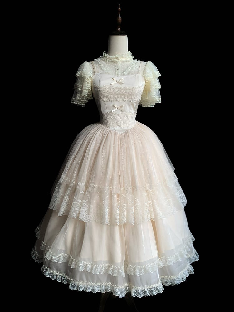 Skirt Tiered Princess Version Thin Lolita Shoulder JSK Long Dress Beige Straps