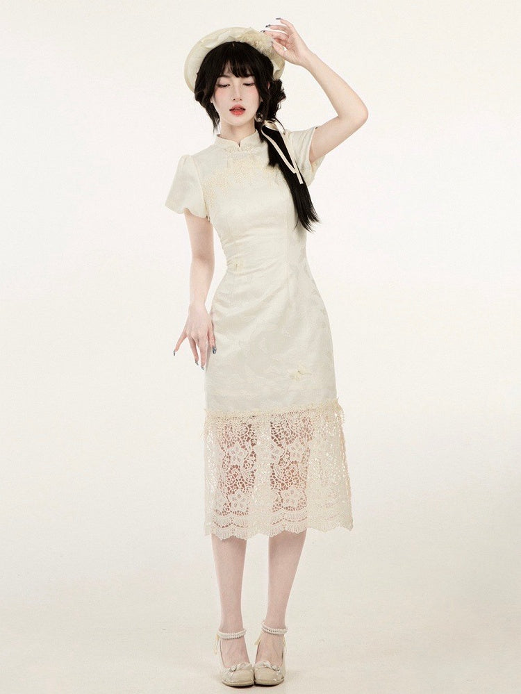 Butterfly Qi Panel Qipao Lace Hem Lolita Jacquard Banded Slit Side Dress Collar