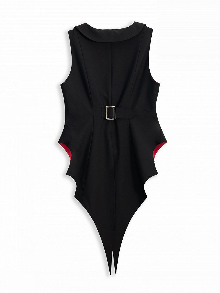 Vampire Bat-Wing Tail Waistcoat in Black and Red with Curved Hem - DevilInspired Exclusive Collection