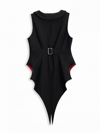 Vampire Bat-Wing Tail Waistcoat in Black and Red with Curved Hem - DevilInspired Exclusive Collection