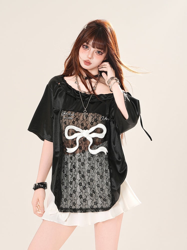 Schwarz/Weiß Große Off-the-shoulder T-shirt Spitze Schleife Patches Druck Taille