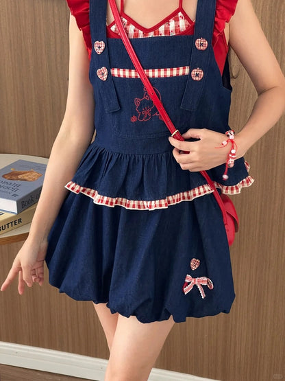 Buttons Faded Wash Denim Bubble Skirt Plaid Blue Elastic Waist