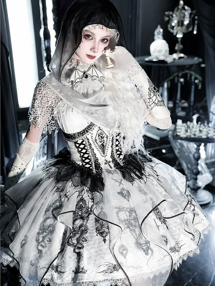 Black & White Bone Dragon Embroidery Halter Neck Gothic Lolita Dress Set - Ying Luo Fu