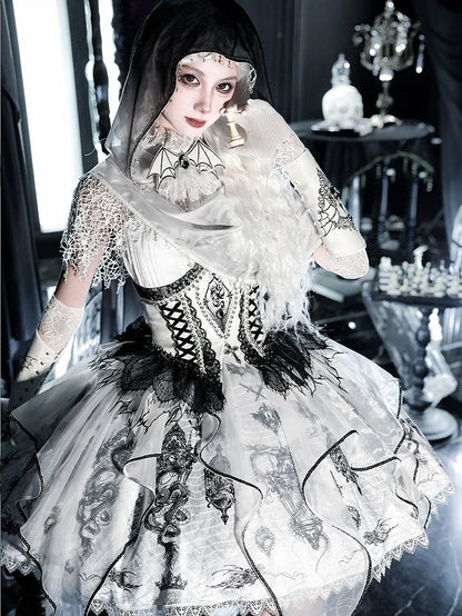 Black & White Bone Dragon Embroidery Halter Neck Gothic Lolita Dress Set - Ying Luo Fu