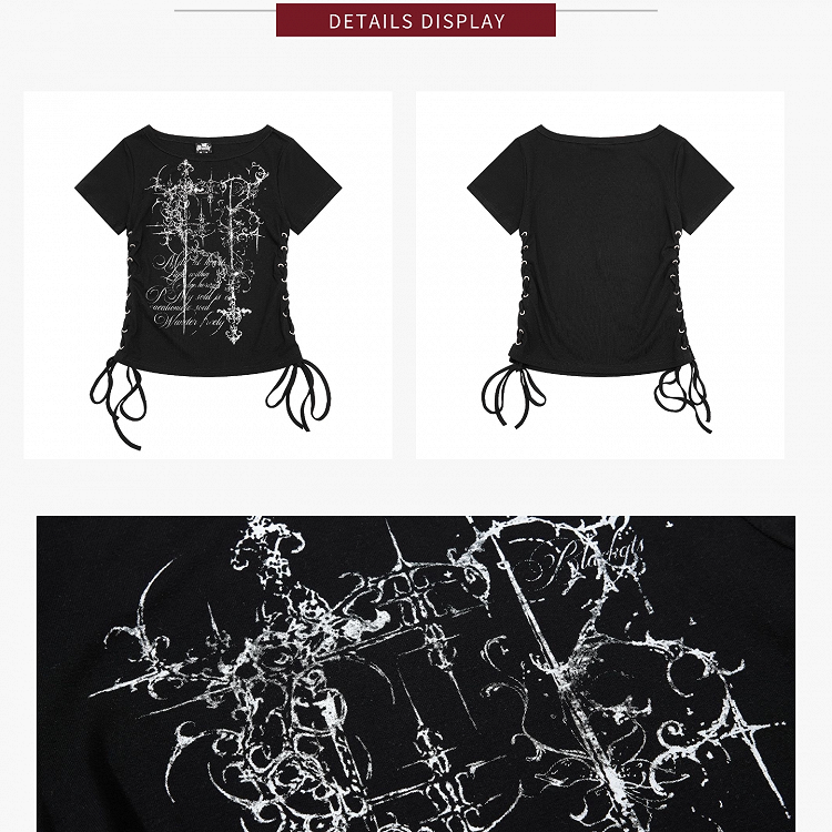 Black Tee with Side Drawstring and Dark Print - KNOW8 Online Shop