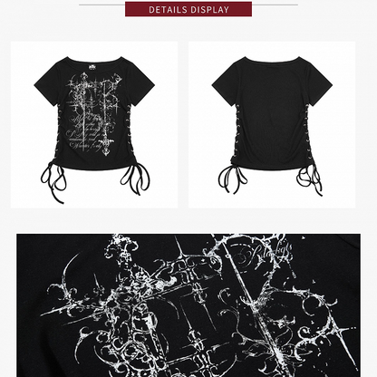 Black Tee with Side Drawstring and Dark Print - KNOW8 Online Shop