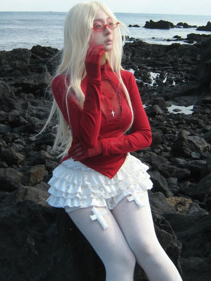 Gothic White Cross Charms Tiered Ruffles Satin Skort