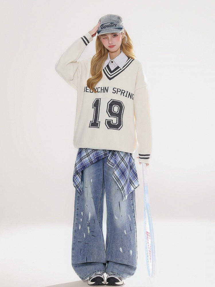 Handkerchief with Plaid Blue Hem Jeans Distressed Wide-Leg Detachable Skirt