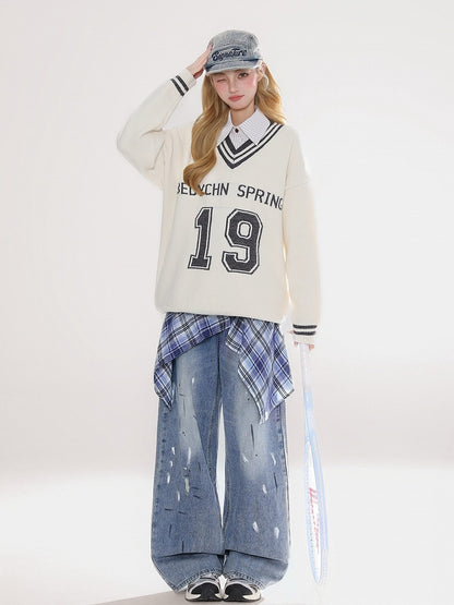 Handkerchief with Plaid Blue Hem Jeans Distressed Wide-Leg Detachable Skirt