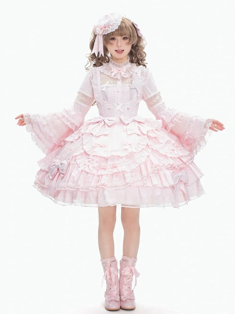 Pink Layered Hem with Ruffle Bust Dress Under Sweet Bow Lolita Accents