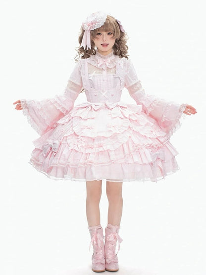 Pink Layered Hem with Ruffle Bust Dress Under Sweet Bow Lolita Accents