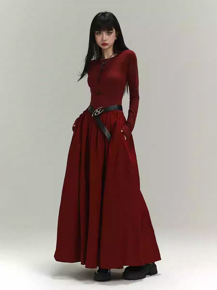 Gothic Wine Red Cross Backless/Covered-Back Slim-fitting Dress