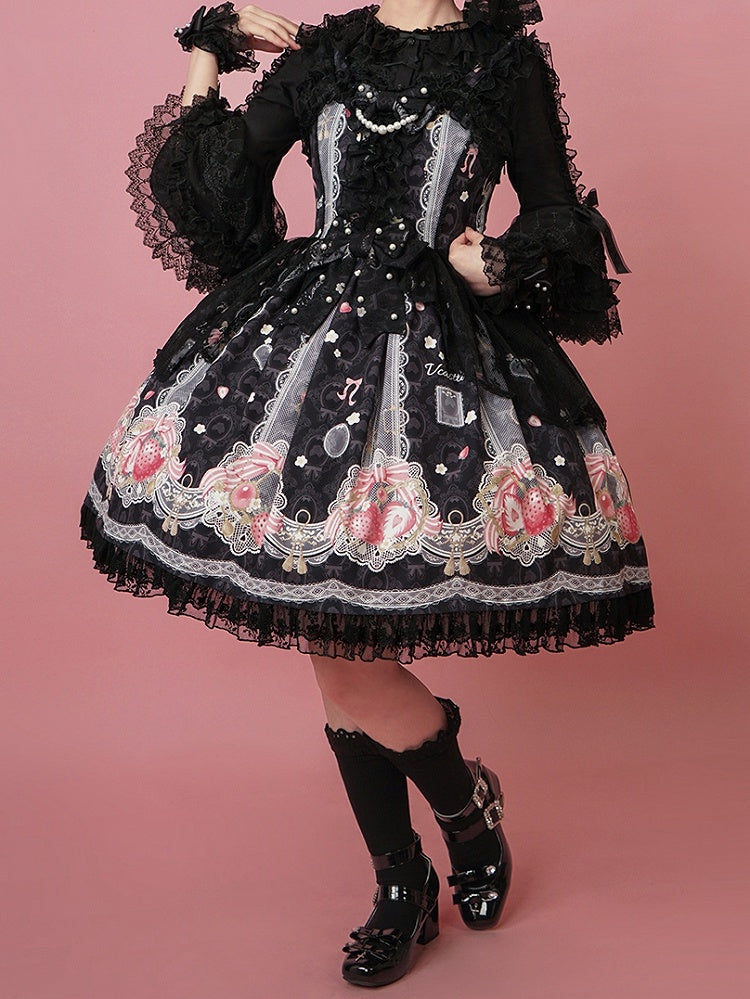 Süßer schwarzer Lolita-Rock mit Erdbeer-Print