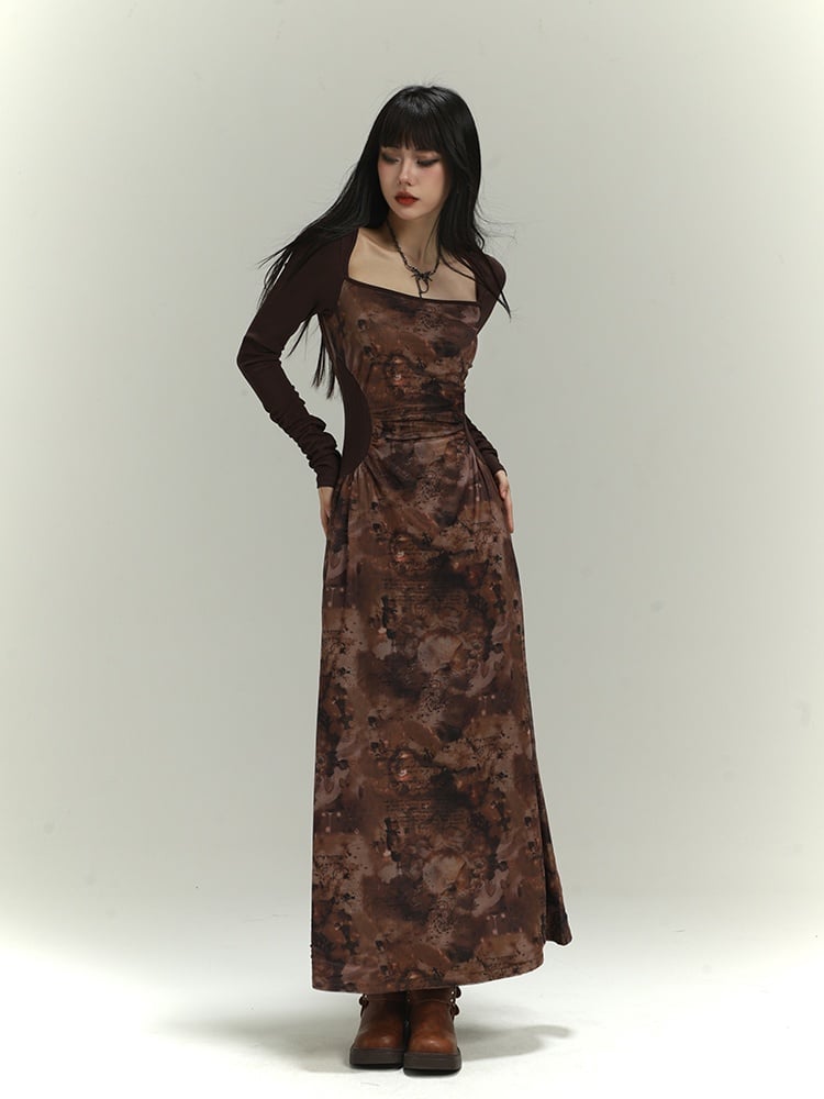 Millard Fashion Brown Square Neck Gathering Details Slim-fitting Dress