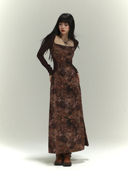 Millard Fashion Brown Square Neck Gathering Details Slim-fitting Dress