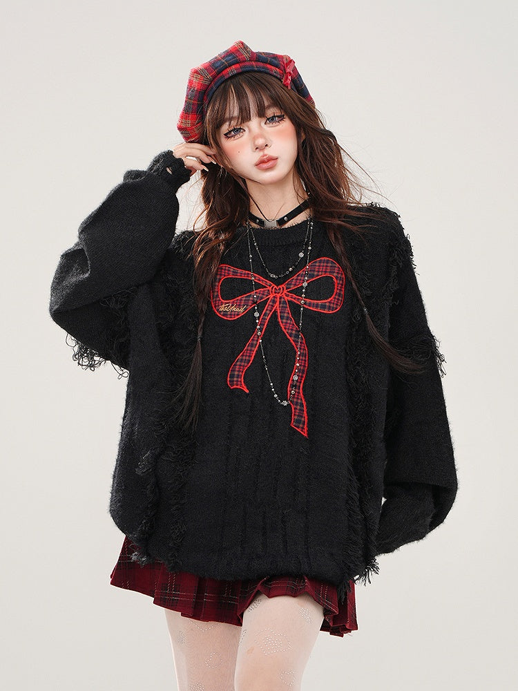 Bittersweet Kawaii Black Distressed Sweater with Red Plaid Bow Embroidery