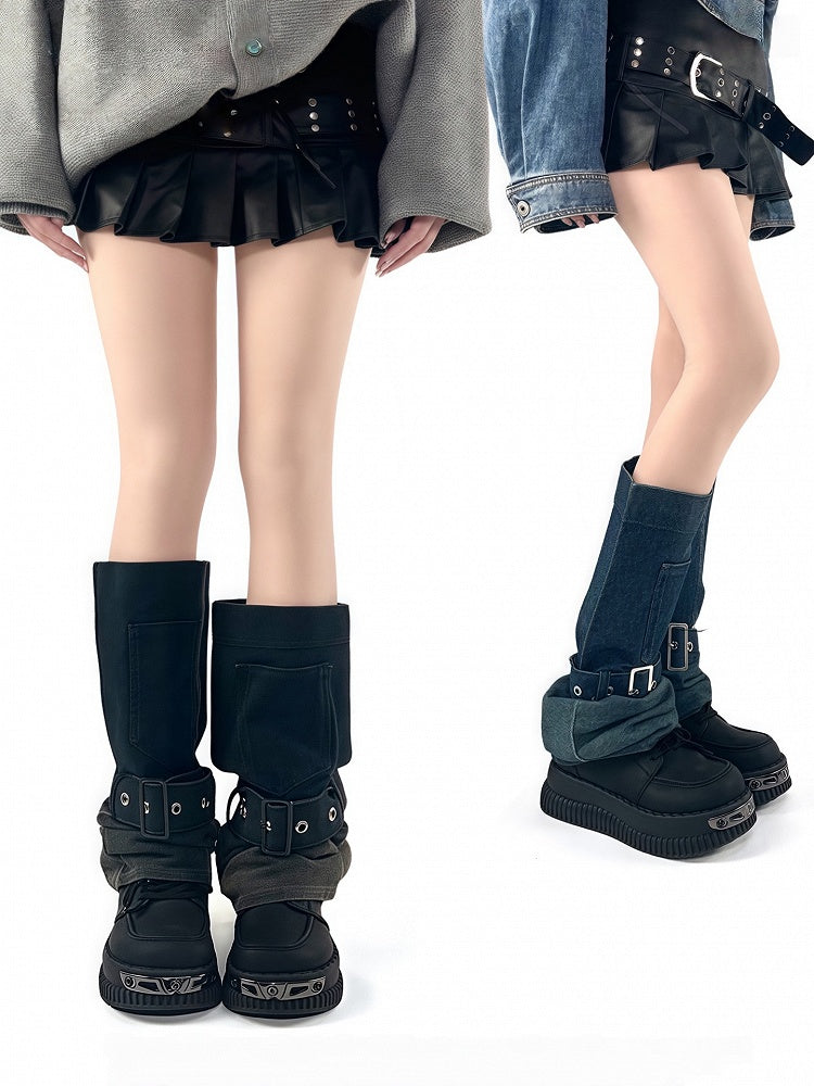 Blue/Black Color Gradient Leg Design Denim Loose Y2K Buckle Strap with Cuff Warmers