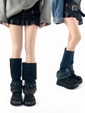 Blue/Black Color Gradient Leg Design Denim Loose Y2K Buckle Strap with Cuff Warmers