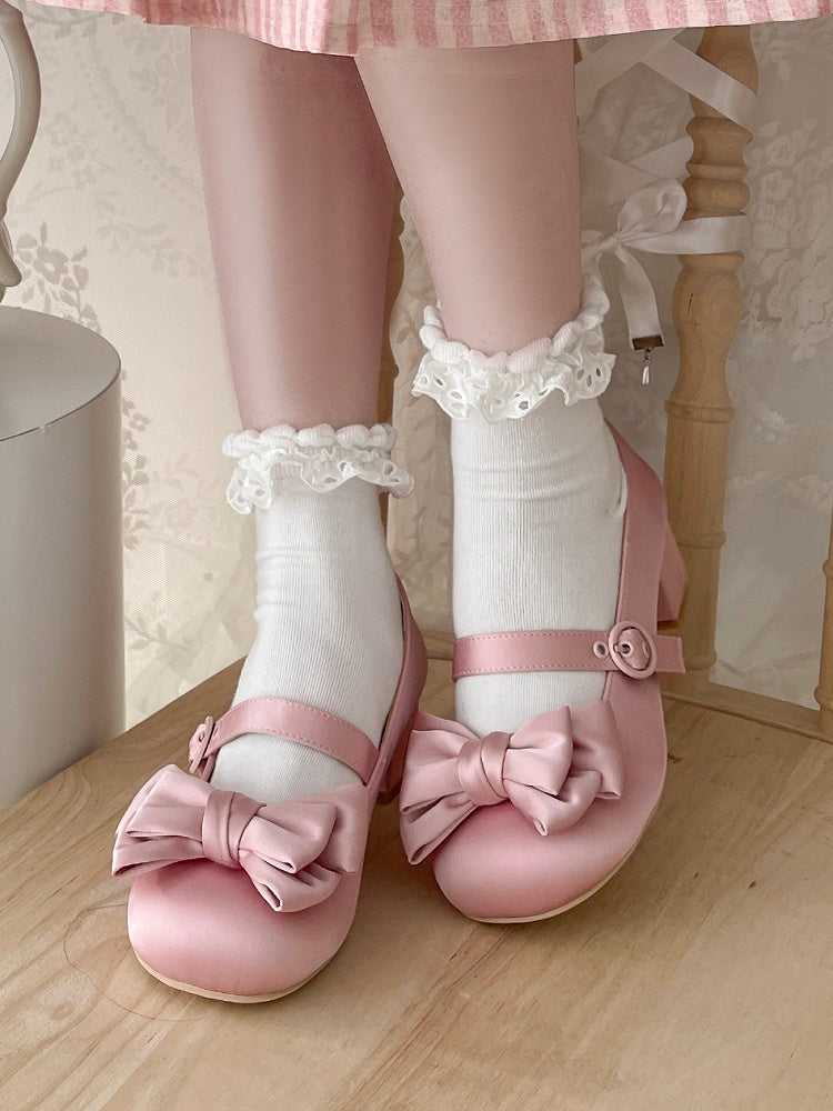 Pink Mary Toe Janes Top Balletcore Satin - Bow Round at Lace-up Ankle