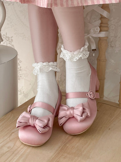 Pink Mary Toe Janes Top Balletcore Satin - Bow Round at Lace-up Ankle