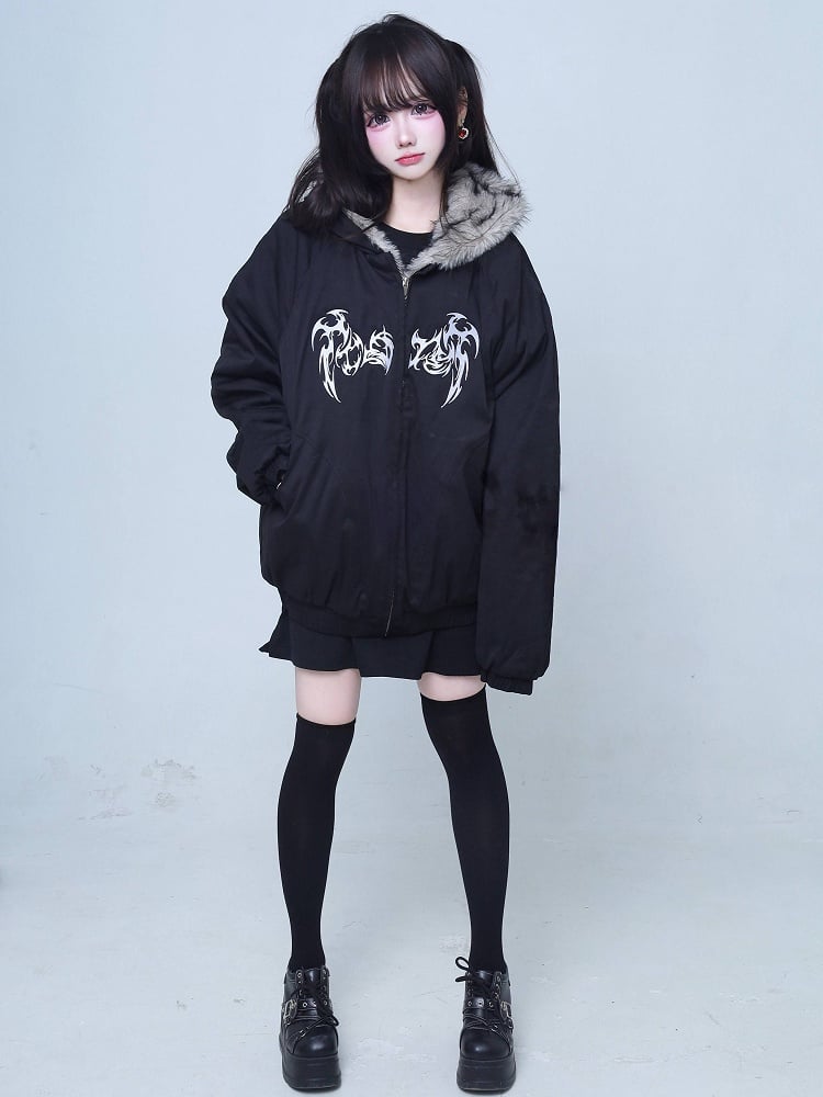 Black Kei Embroidered Hooded Jacket Fur-Collar Jirai